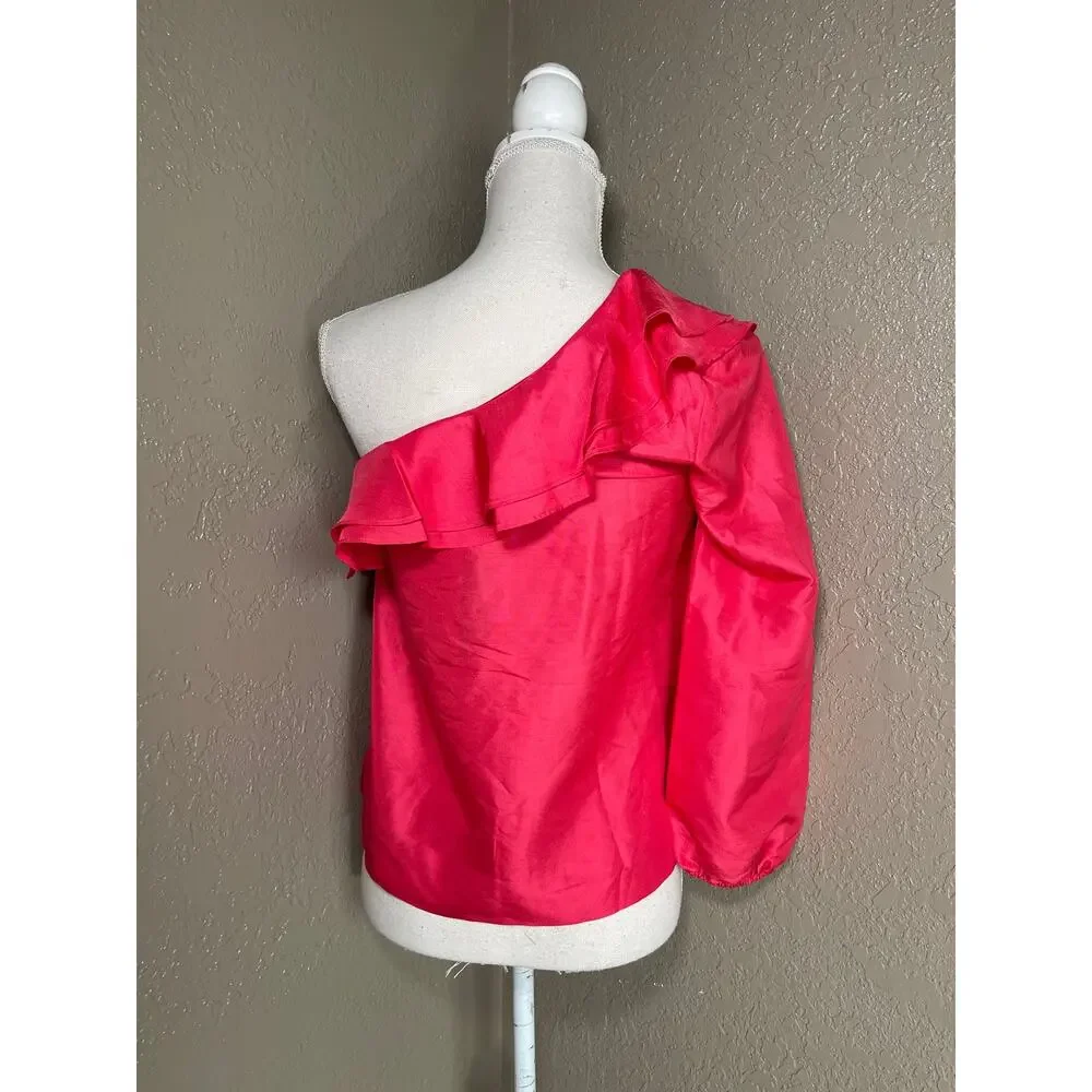 J. Crew One Shoulder Baloon Sleeve Ruffle Silk Top 0‎ New